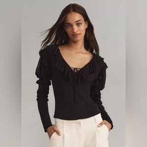 By Anthropologie Long-Sleeve Ruffle Top, Black, Size XS